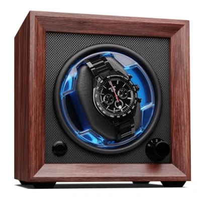 Afbeelding van Brienz 1 watchwinder, horloge, 4 modi, houten look, blauwe binnenverlichting