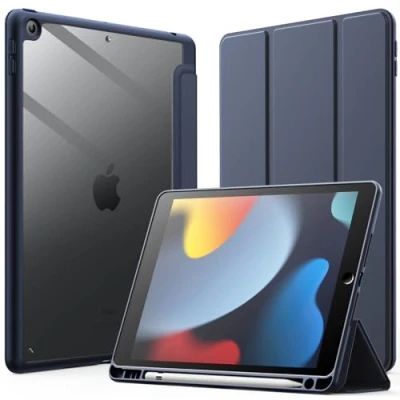 Afbeelding van JETech Beschermhoes voor iPad 10,2 inch (9e / 8e 7e generatie, 2021/2020/2019) met penhouder, dunne transparante achterkant, schokbestendig, tablet (donkermarineblauw)