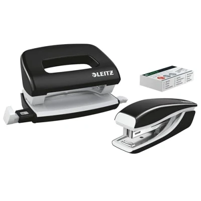 Afbeelding van Leitz 55612095 Mini Nietmachine En Perforeerset, 10 Vellen, P2 N10 Nietjes Meegeleverd, WOW, Zwart