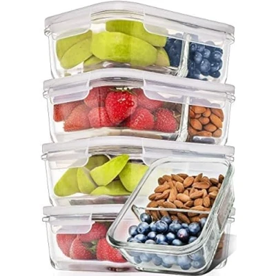 Afbeelding van [5 stuks] Luchtdichte glazen voedselcontainer met deksel BPA vrije voorraaddoos container (850 ml: 2 compartimenten)
