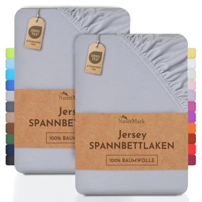 Afbeelding van NatureMark set van 2 jersey hoeslakens, katoen, Öko Tex Standaard 100, voor vertrouwen in textiel, zilvergrijs, 2, 90 x 200 cm, 100 cm
