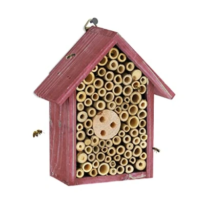 Afbeelding van Relaxdays insectenhotel bijenhuisje bamboe buisjes ophangen bijenkastje rood