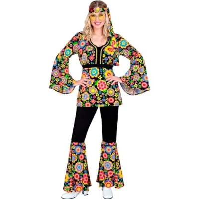 Afbeelding van Widmann Hippie Kostuum Dancing Flower Jaren 60 Style Vrouw Zwart XL Carnavalskleding Verkleedkleding
