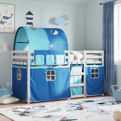 Afbeelding van vidaXL Stapelbed met gordijnen 90x190 cm massief grenenhout blauw