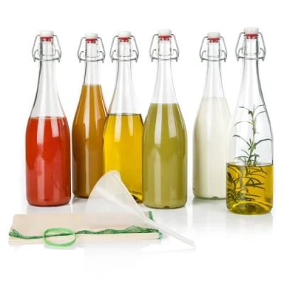 Afbeelding van myFERMENTS Glazen flessen 750 ml met mechanische doppen fermentatieset 6 trechter 10 cm stof 50 x voor bier, kombucha, kefir transparant, glas porselein