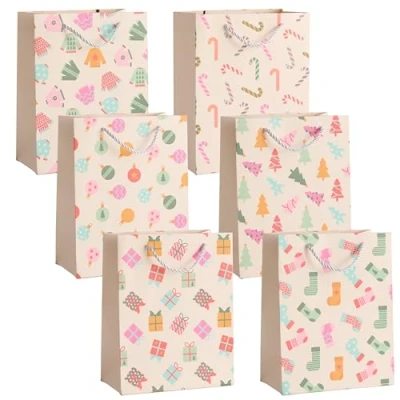 Afbeelding van THE TWIDDLERS 6 middelgrote kerstcadeauzakjes met hengsels voor Kerstmis Assorti designs, 1 van elk, Multipack cadeauzakjes kleurrijke designs 23cm x 18cm