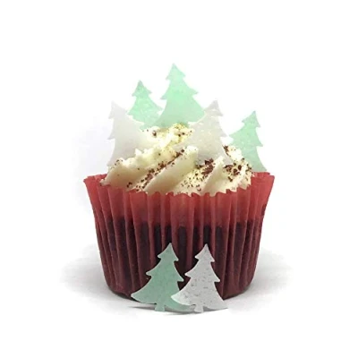 Afbeelding van 100 stuks witte en groene papieren mini kerstboom, 50 per kleur, perfect voor cupcakes of tafeldecoratie