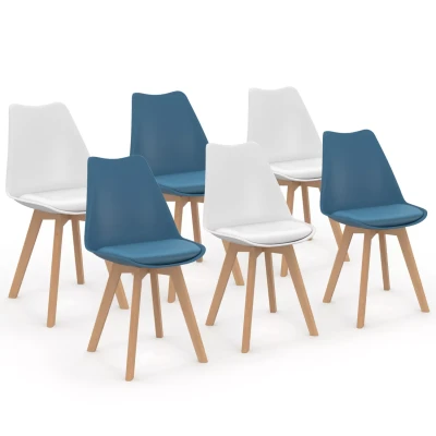 Afbeelding van Lot de 6 chaises scandinaves SARA mix color bleu canard x3 et blanc