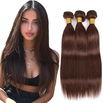 Afbeelding van Tuheers 32 bundels, steil menselijk haar, bruin, #4, chocolade, 100% echt 100 g/stuk, 300 g, totaal Braziliaans haar 81 cm