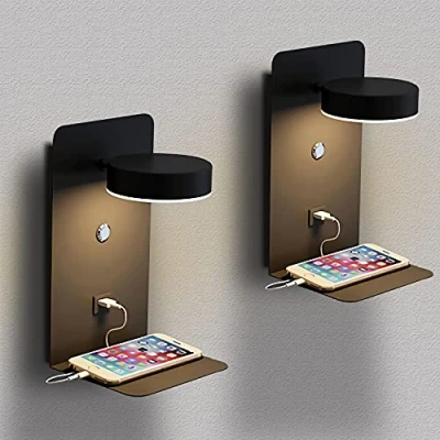 Afbeelding van 2 stuks led wandlamp voor binnen, met schakelaar en USB interface, 12 W, bedlampje, driekleurig, dimbaar, leeslamp, 330 graden verstelbaar, leeslamp dienblad, zwart
