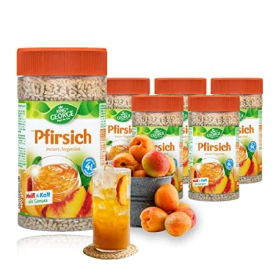 Image de KING GEORGE Royal Tea Time, boisson instantanée à la pêche 6 x 400 g, un régal chaud et froid, thé instantané goût pêche, donne jusqu&#039;à 4 l, extrait de noir
