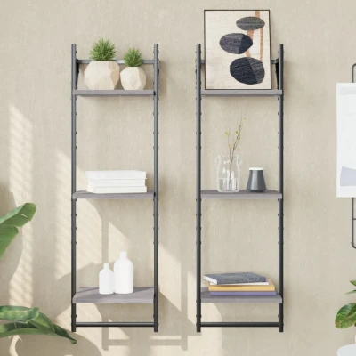 Afbeelding van Wandschappen 3 laags met stangen 2 st 30x25x100 cm grijs sonoma