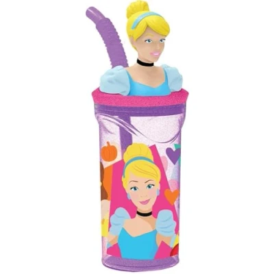 Afbeelding van Disney Paars glas voor meisjes van kunststof, prinsessen Assepoester Rapunzel Belle Ariel Sleeping 360 ml met rietje en 3D figuur het personage