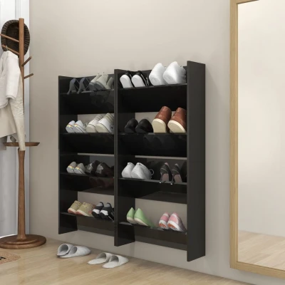 Afbeelding van Wandschoenenkasten 4 st 60x18x60 cm spaanplaat hoogglans zwart