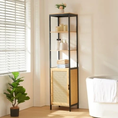 Afbeelding van Badkamerkast Tervola kolomkast 172x40x35 cm zwart naturel rotan look [en.casa]