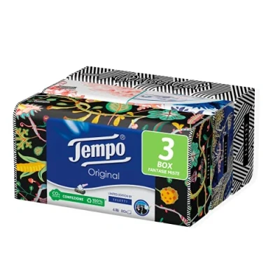 Afbeelding van Tempo zakdoeken van papier, 3 verpakkingen 80 stuks, 4 laags, gelimiteerde editie, Seletti Box, verschillende motieven