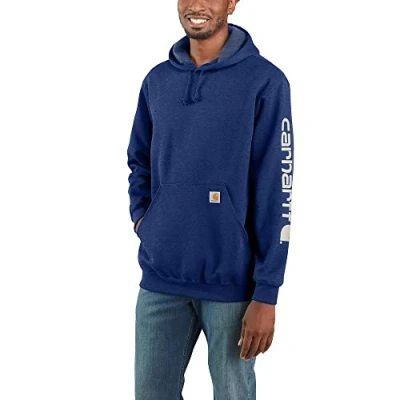 Afbeelding van Carhartt Scout Blue Heather, middelzwaar sweatshirt met capuchon en logo op de mouw, M