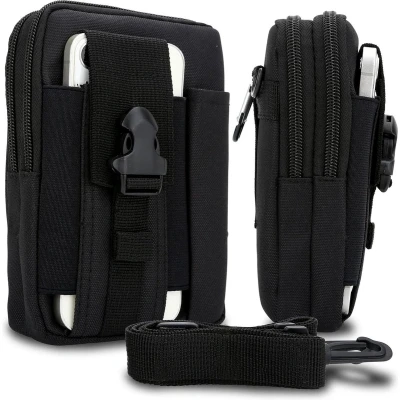 Afbeelding van Hoesje geschikt voor Samsung Galaxy A01 in effen zwart tactische mobiele telefoon molle EDC etui compatibel schoudertache militaire riem case cover