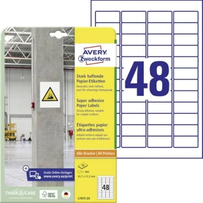 Afbeelding van Avery Zweckform L7873 20 ( 45.7 x 21.2 mm, Wit, 960 stuk(s), Permanent hechtend, Sterk hechtend