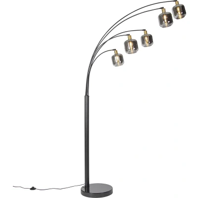 Afbeelding van QAZQA Vloerlamp zwart met goud smoke glas 5 lichts Zuzanna