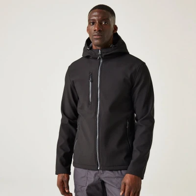 Afbeelding van Regatta Navigate 2 Layer Hooded Softshell Jacket RG705 Black/Orange Pop