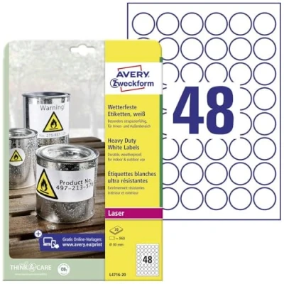 Afbeelding van Avery Zweckform L4716 20 folie etiketten Ø 30 mm Polyester Wit 960 stuk(s) Permanent hechtend Laser (kleur), (zwart/wit), Kopiëren