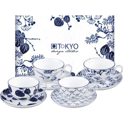 Afbeelding van Tokyo Design Studio Flora Japonica Kop En Schotel 25 Cl Set Van 4 Donkerblauw