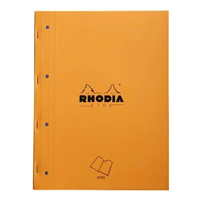 Afbeelding van RHODIA 118015C Notitieblok aan de zijkant oranje A4 grote Seyès ruitjes 80 afneembare vellen perf 4 gaten wit Clairefontaine papier g/m² gecoate kartonnen omslag