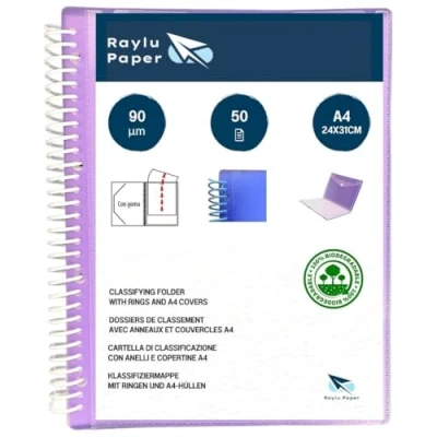 Afbeelding van Raylu Paper® Map met ringen, A4 transparante hoezen 90 micron en envelop klittenbandsluiting, personaliseerbaar deksel, 100% biologisch afbreekbaar (50 hoesjes, violet)