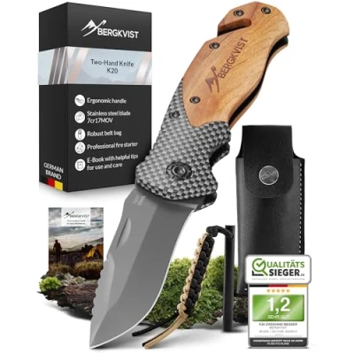 Afbeelding van BERGKVIST® K20 Klappmesser (dubbele handmes) met houten handgreep en titanium middeninvoer mogelijk 3 in 1 zakmes glasbreker riemsnijder