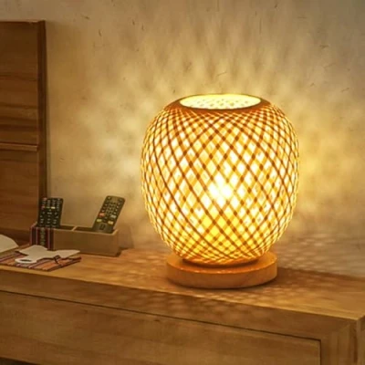 Afbeelding van GUANSHAN Bamboe Weven Lantaarn Tafellamp Nachtkastje Landelijke Stijl Klein Decoratief Nachtlampje Lichtgevende Tafel Verlichting Bureau Lampenkap voor Slaapkamer