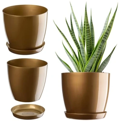 Afbeelding van KADAX Elegante bloempot met onderzetter, rond en elegant, van lichte kunststof, voor binnen thuis, plantenbak, diameter 18 cm, goud