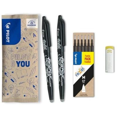 Image de PILOT Lot de 2 Frixion Ball + 1 sets 6 recharges gomme Stylo effaçable à encre thermosensible roller rechargeable fabriqué partir plastique recyclé Noir Pointe moyenne