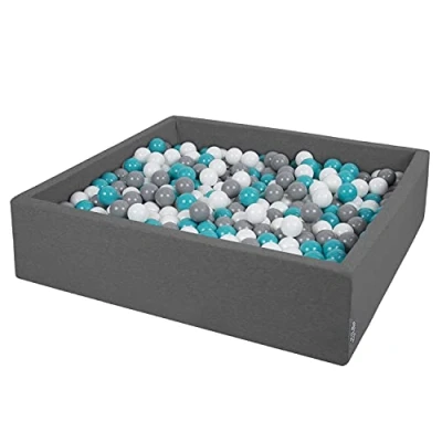 Afbeelding van KiddyMoon vierkant ballenbad 120x30cm/300 ballen ∅ 7cm vierkante ballenbakken voor baby&#039;s peuterspeelzaal, made in the eu, donkergrijs:grijs wit turquoise