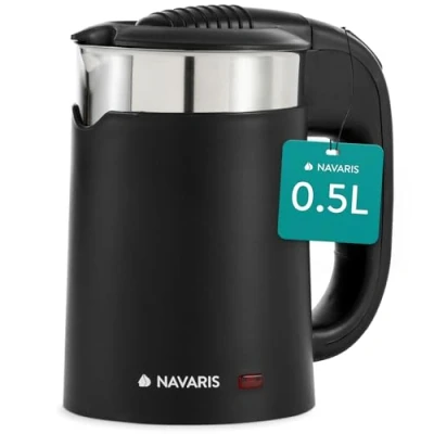 Afbeelding van Navaris waterkoker voor op reis 0,5l Roestvrij staal Inclusief 2 bekers 16 x 11 17 cm Mini travel camping Zwart