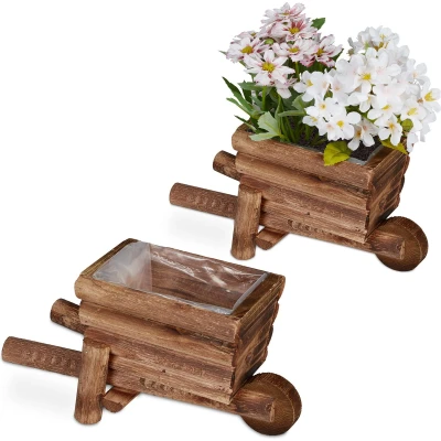 Afbeelding van Relaxdays Bloempot kruiwagen set van 2 plantenkar met folie tuindecoratie hout