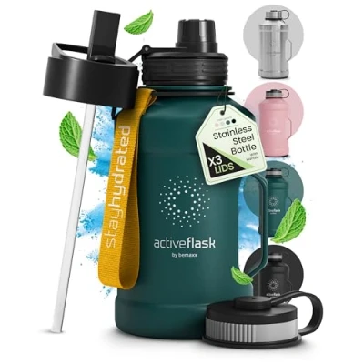 Afbeelding van Drinkfles van roestvrij staal, + rietje (3 deksels), grote sportfles 1,3 liter, BPA vrij, lekvrij, geschikt voor koolzuurhoudende dranken, XL waterfles, sport, outdoor, fitness, waterfles