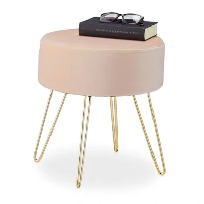 Afbeelding van Relaxdays velvet poef op hairpin poten 40 cm voor kaptafel of bank beige