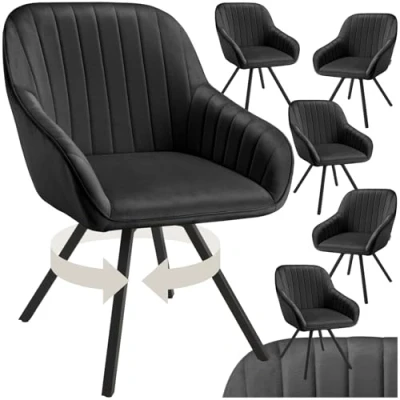 Afbeelding van tectake Set van 6 eetkamerstoelen Draaifauteuil in Fluwelen Look Woonkamerstoel, Gestoffeerde Stoel zwart
