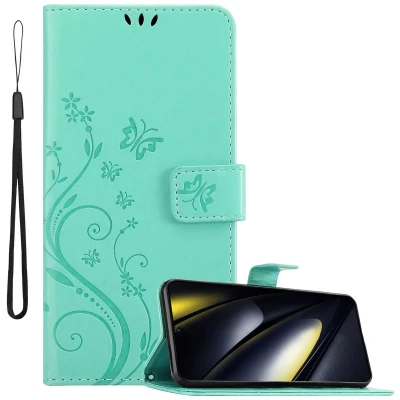 Afbeelding van Cadorabo Hoesje geschikt voor Xiaomi Poco F6 in BLOEMEN TURKOOIS Beschermhoes bloemmotief met magnetische sluiting, standfunctie en kaartsleuven Book Case Cover Etui