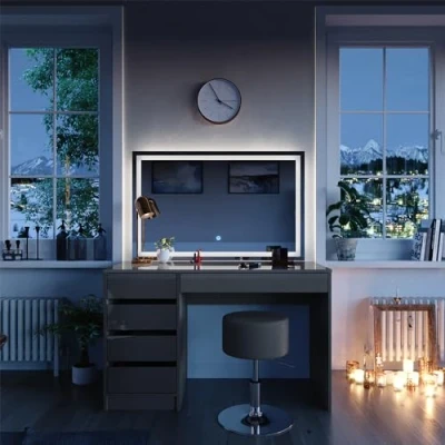 Afbeelding van Vicco Kaptafel Sherry, Grijs, 120 cm met LED spiegel en krukje
