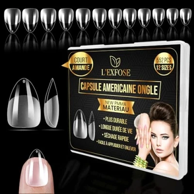 Afbeelding van L&#039;Exfose 552 stuks Amerikaanse nagelcapsules, amandel, kort, PMMA, hypoallergeen, kunstnagels voor doe het zelf, nail art &amp; salons, acryl, nagels, 12 maten, semi transparant, capsule gel X
