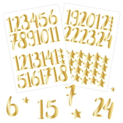 Afbeelding van Papierdrachen Set van 24 cijferstickers Voor adventskalender Goud Nummer 70 knutselen en decoreren