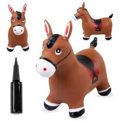 Afbeelding van Opblaasbaar springdier, speelgoed voor kinderen van 1 jaar binnen en buiten, ergonomisch design, handpomp inbegrepen (Poney bruin)