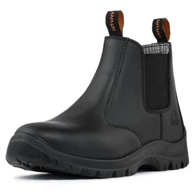 Afbeelding van KAM LITE Veiligheidsschoenen voor heren, S3, antislip, leer, waterdicht, stalen neus, werkschoenen, ademend, licht, zwart.