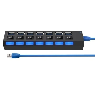 Afbeelding van Hi Speed Super 7 Ports 3.0 USB hub Multi oplaadadapter met aan/uit knop en led verlichting.