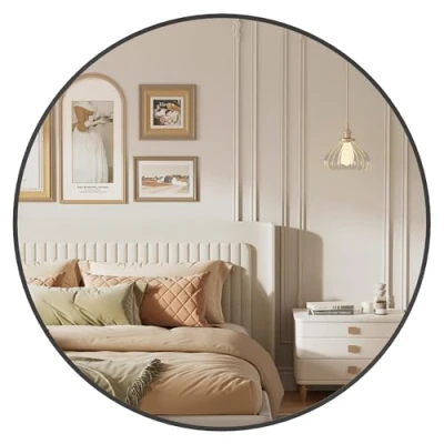 Afbeelding van SONGMICS LWM103B01 Ronde wandspiegel, Ø 76 cm, metalen frame, eenvoudige montage, modern, voor badkamer, woonkamer, slaapkamer, hal, entree, inktzwart