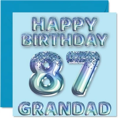 Afbeelding van Verjaardagskaart voor opa 87 jaar, blauwe glitterballonnen, verjaardagskaarten jarige grootvader van kleinzoon en kleindochter, 145 mm x