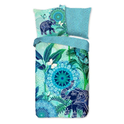 Afbeelding van Satijnen Dekbedovertrek 155x220 cm Olifant en Mandala Print Blauw/Groen 1 Persoons 100% Katoen Satijn