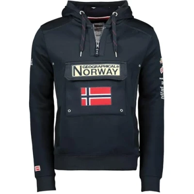 Afbeelding van Geographical Norway hoodie voor heren, halve ritssluiting en heuptas, met lange mouwen, casual productie van BANS vrijetijdskleding, Blauw